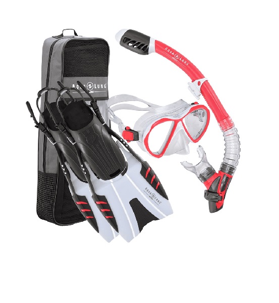 #2813 Aqua Lung white Jewel Mask, Coronado Snorkel Chroma Fins Set With Travel Bag S/M